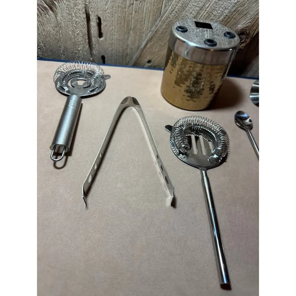 Hammered Brass Barcraft Cocktail Tool Kit & Stand 6 Piece Barware Set Drinks